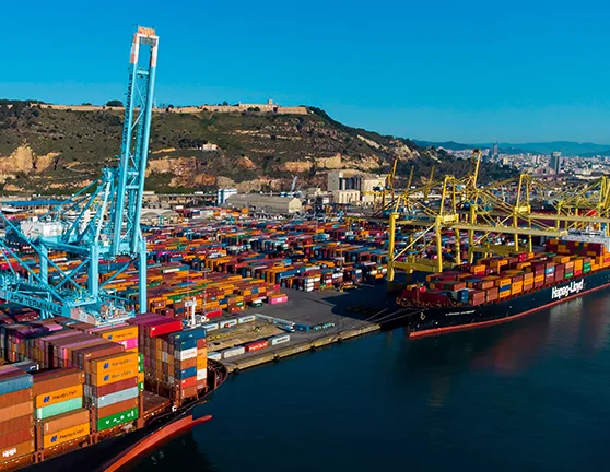 Puerto marítimo comercial con un barco y miles de contenedores